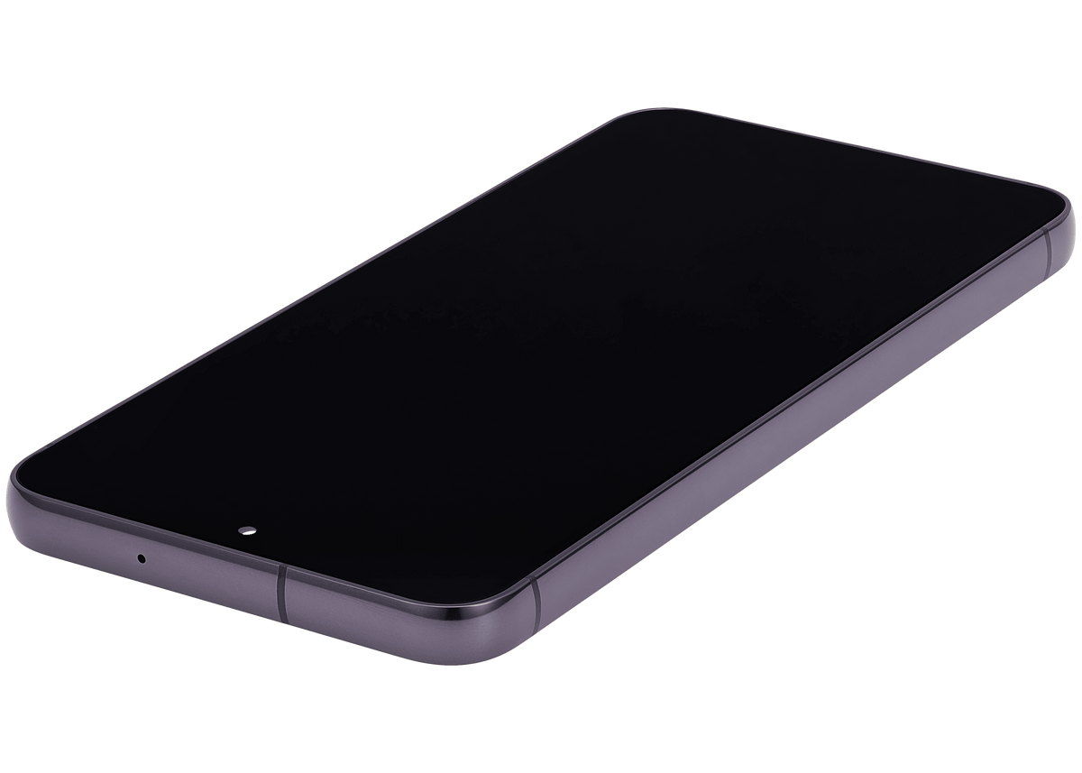 Samsung Galaxy S23 OEM refurbished OLED assembly with frame - Phantom Black - angled front close-up