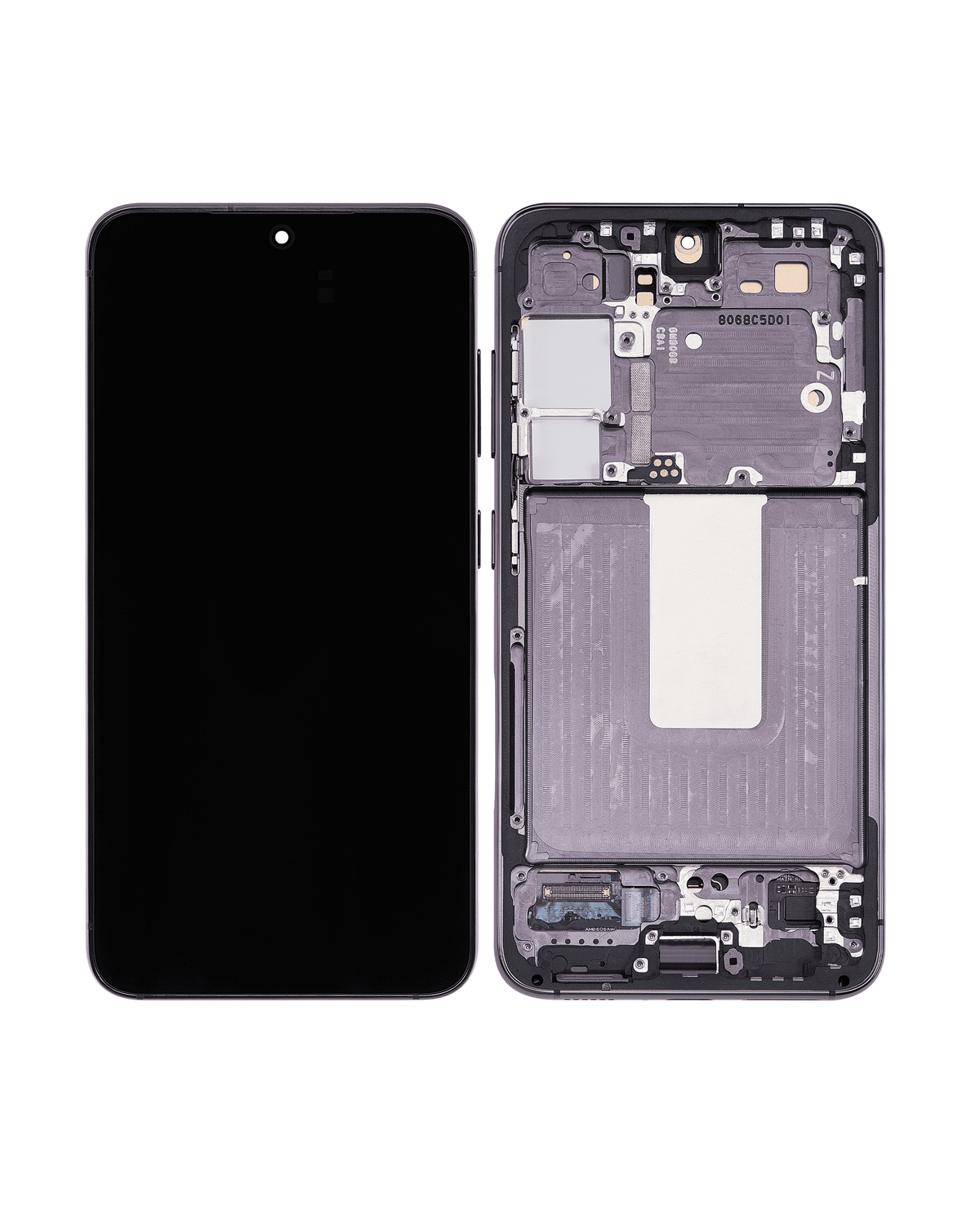 Samsung Galaxy S23 OEM refurbished OLED assembly with frame - Phantom Black - front and rear views