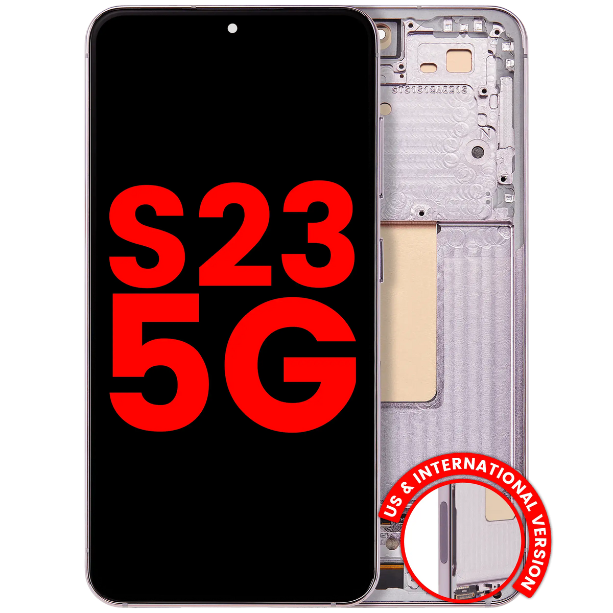 Samsung Galaxy S23 aftermarket 120Hz OLED assembly with frame - Pink / Lavender - front and rear view