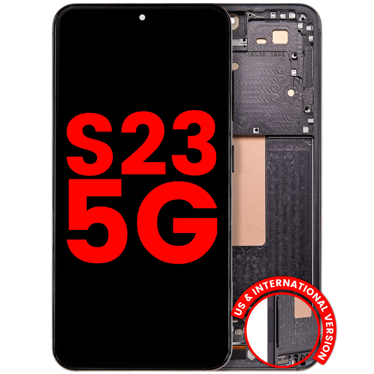 Samsung Galaxy S23 aftermarket 120Hz OLED assembly with frame - Phantom Black - front and rear view